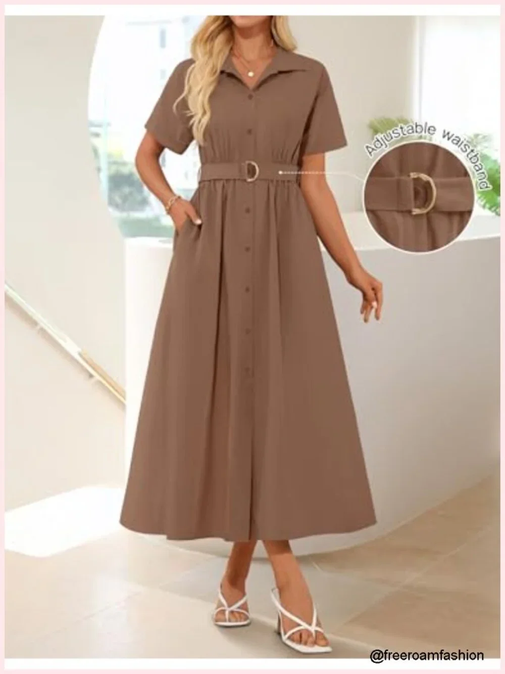Short Sleeve Midi Dress with Pockets, Button Down, A-Line, Belt, Business Casual